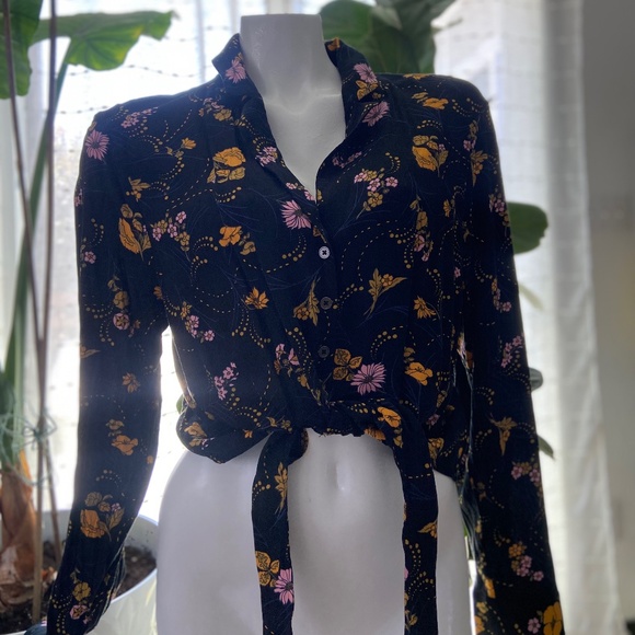 Long sleeve retro tie front crop top blouse Mod Cloth XL - Picture 2 of 6